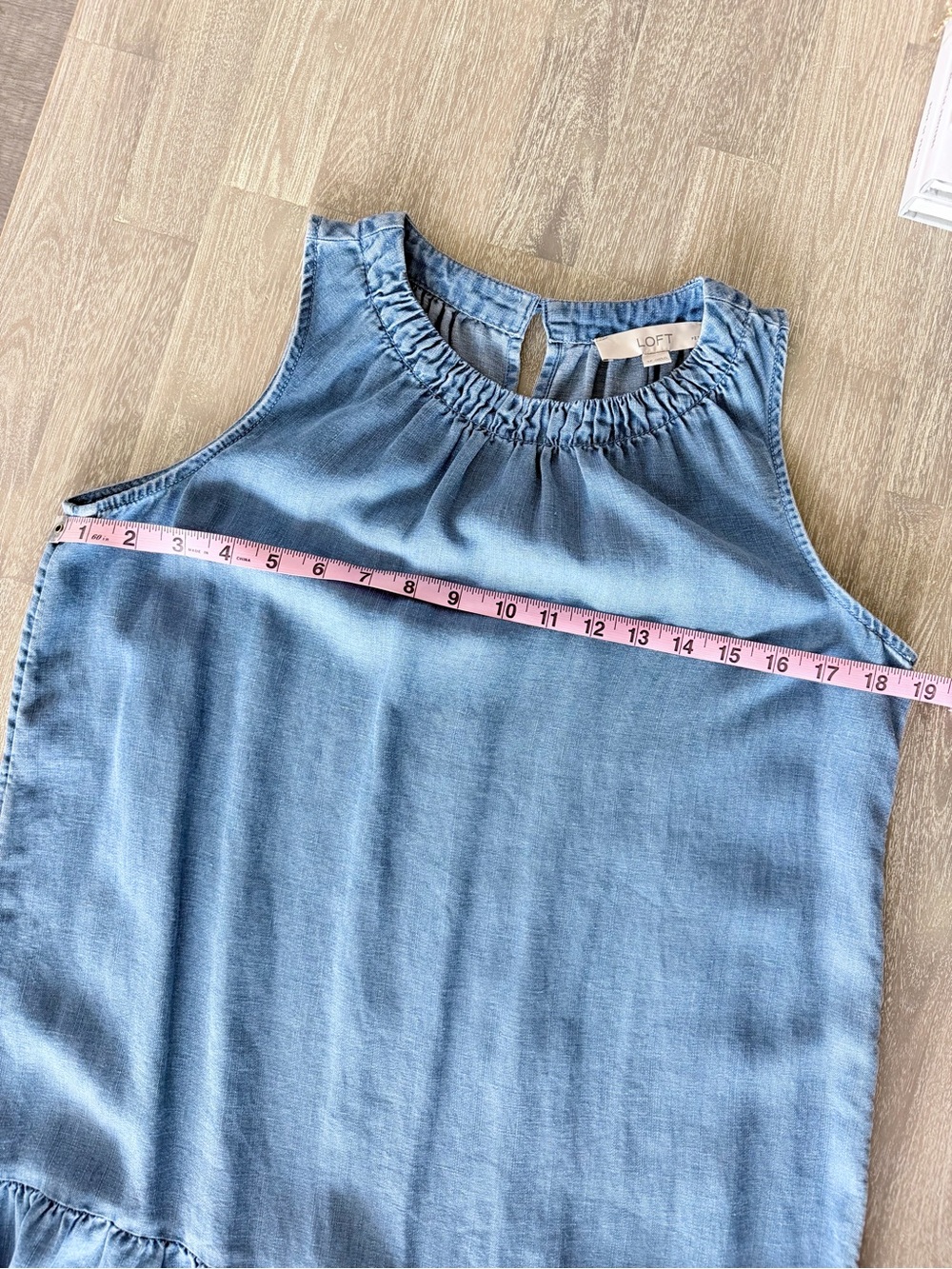 LOFT Petite Chambray Sleeveless Shift Dress | Small Petite | Blue Ruffle Hem - Picture 6 of 7